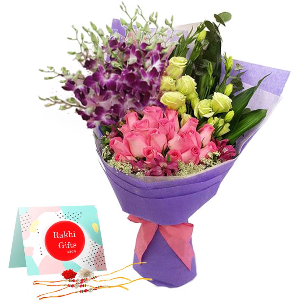 Roses and Orchid bouquet with Rakhi