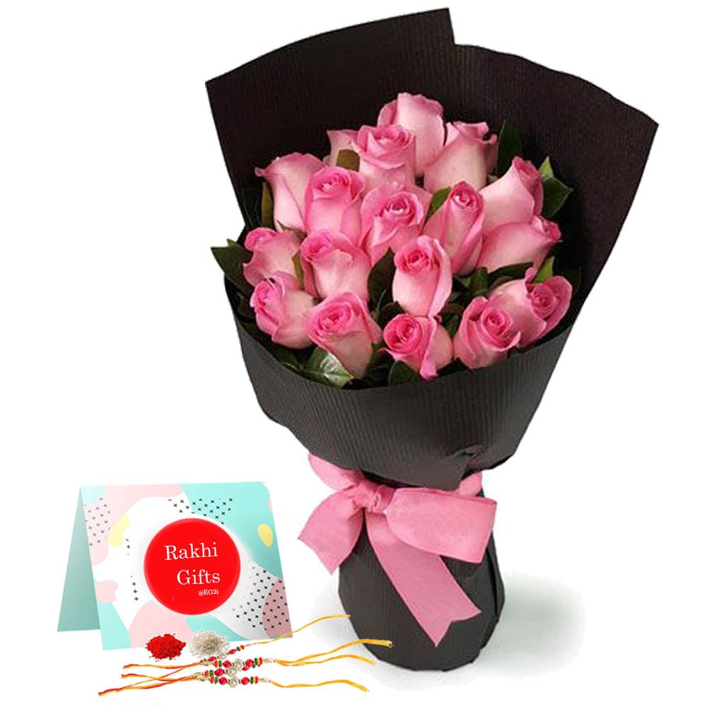 Pink Roses Bouquet with Rakhi