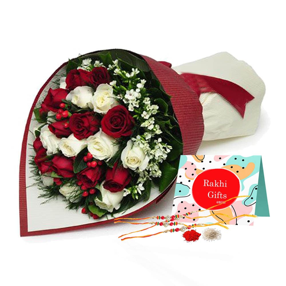 Red and White Roses Bouquet with Rakhi