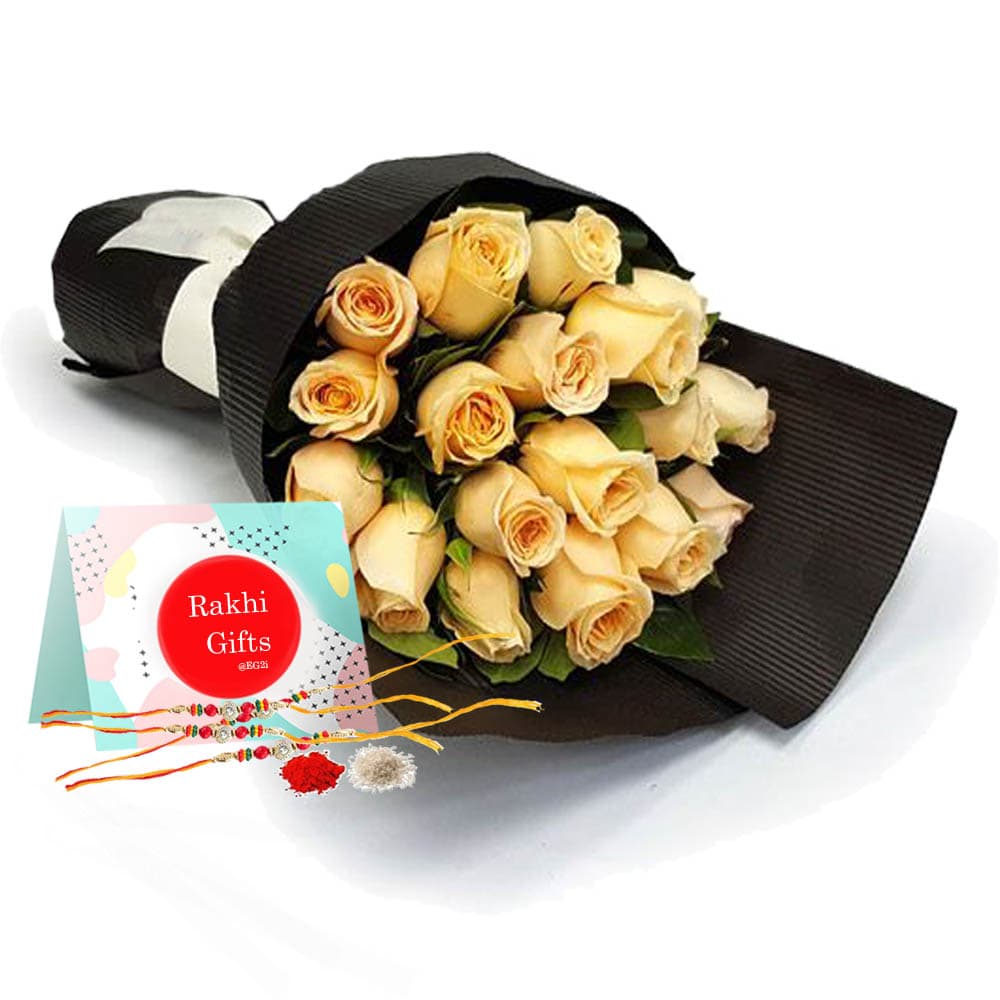 Peach or Yellow Roses bouquet with Rakhi