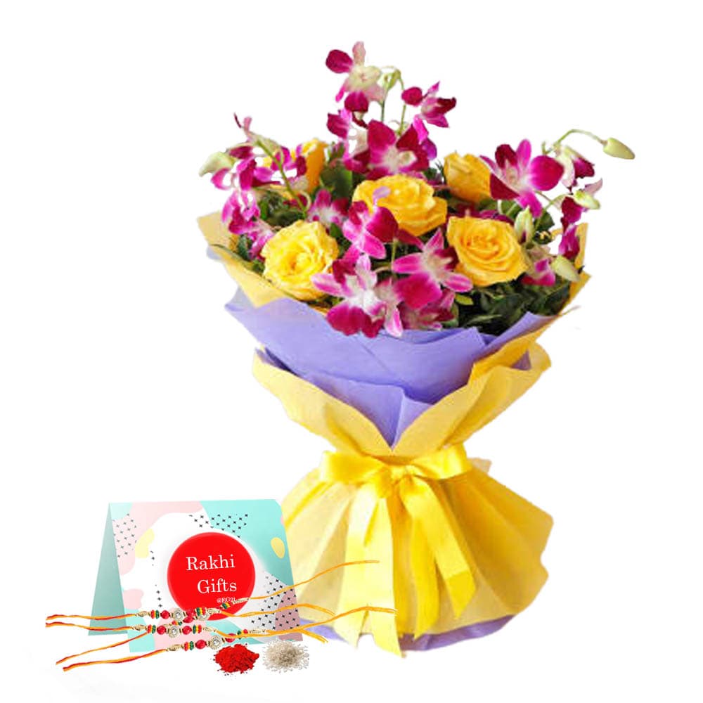 Orchid and Roses bouquet with Rakhi