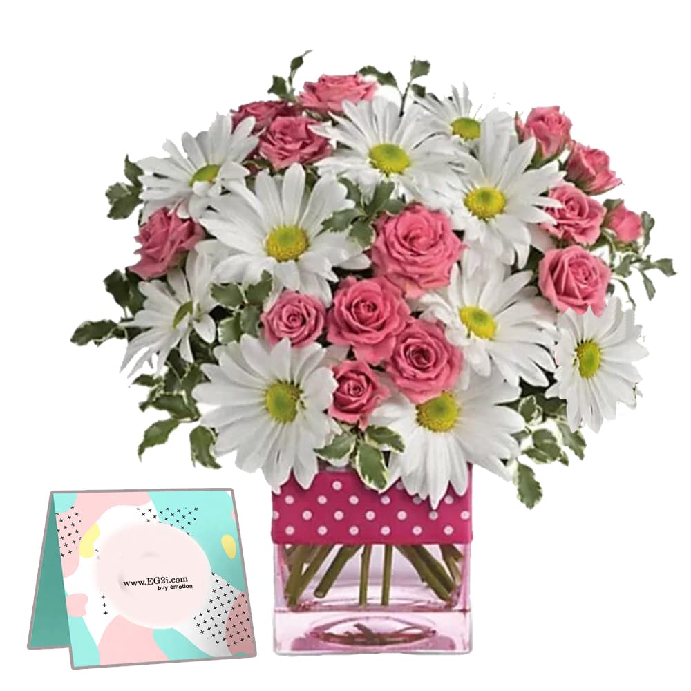 White Gerbera and Pink Roses Glass Vase