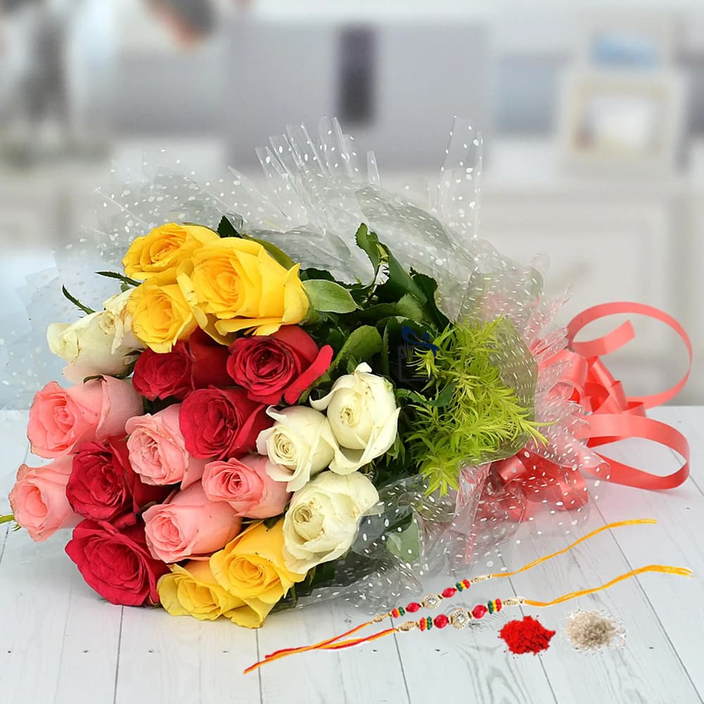 Red Pink Yellow White Roses Bouquet for Rakhi