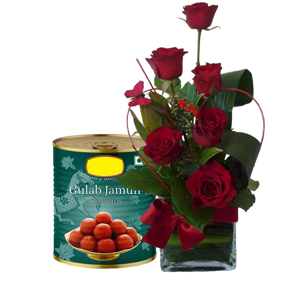 Red Roses With Gulab Jamun