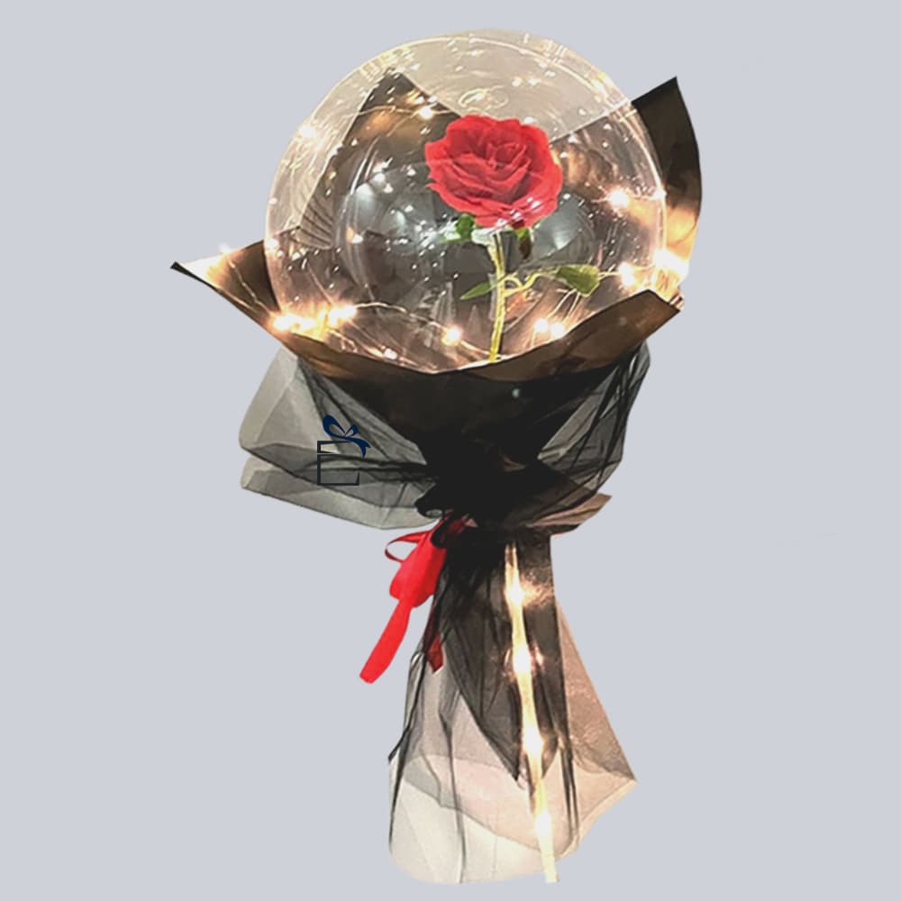 Single Rose in tarnsparent Balloons Hand Bouquuet