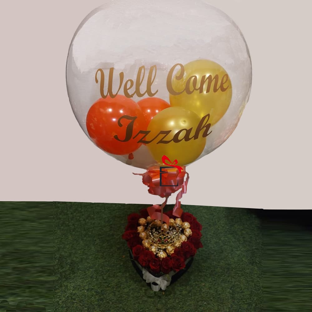 Heart Shape Basket arrangement with Transparent Balloons