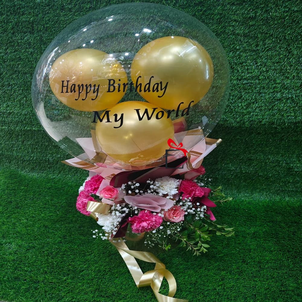 Mixed Flowers Basket with Balloons Bouquet