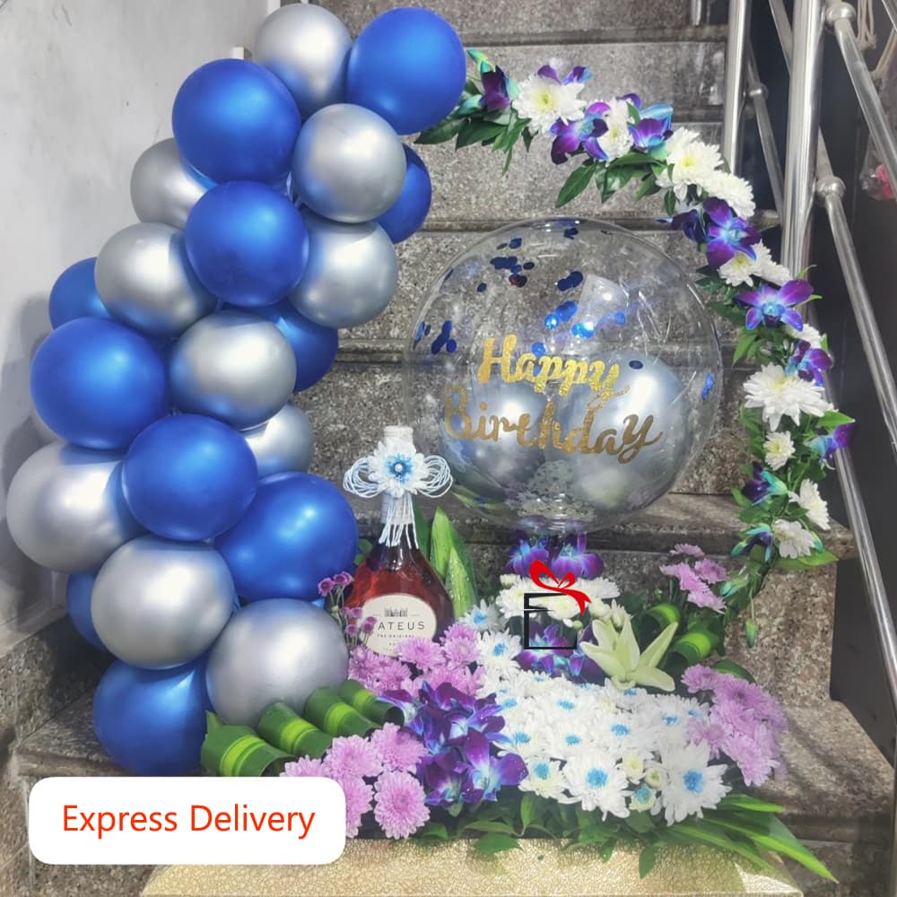 Mixed flowers Basket Arrangement with balloons and Wine