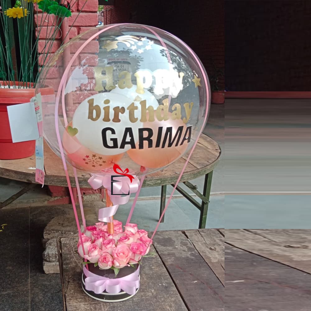 Hat Box Arrangement with balloons Boquet