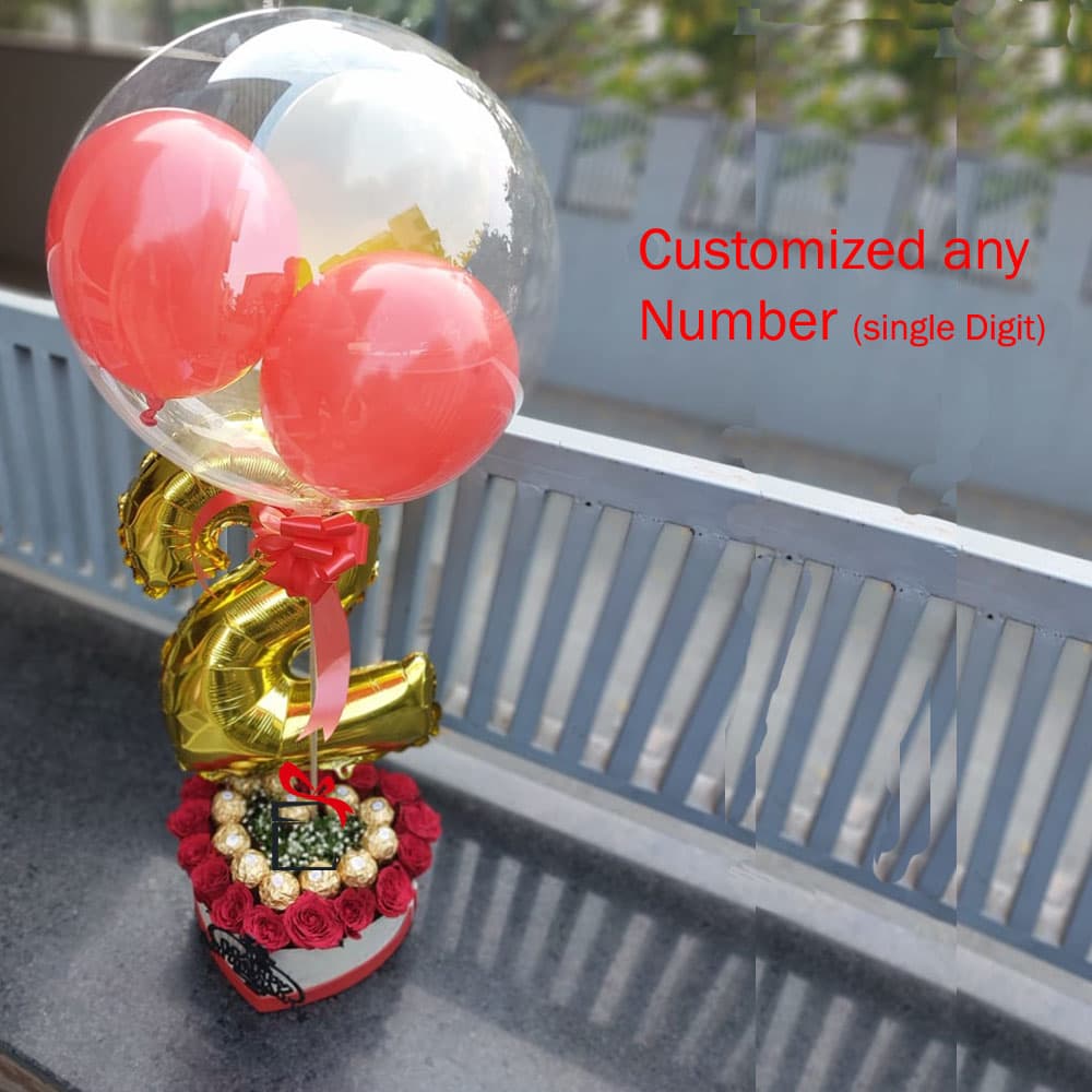 Heart Box Flowers Arrangement with Balloons Bouquet