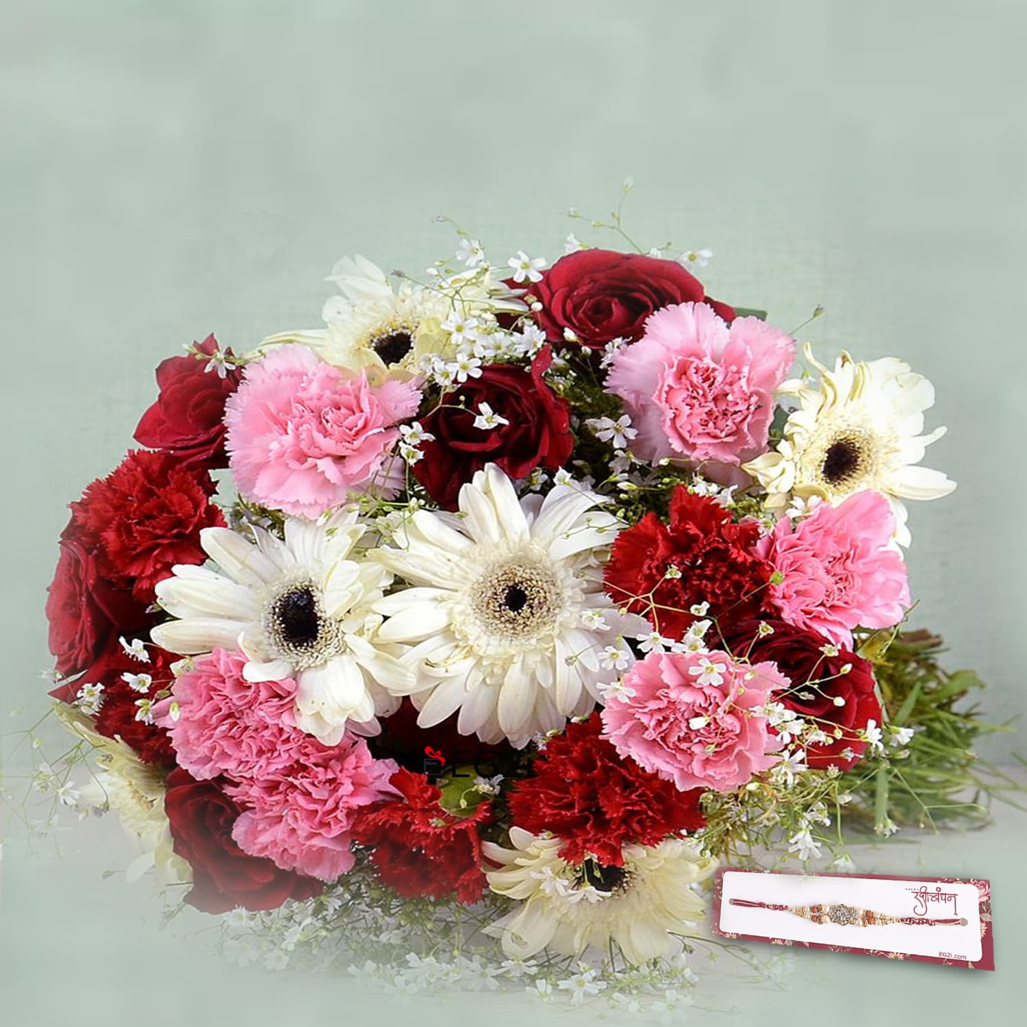 Gerbera Roses and carnation bouquet with Rakhi Roli Chawal