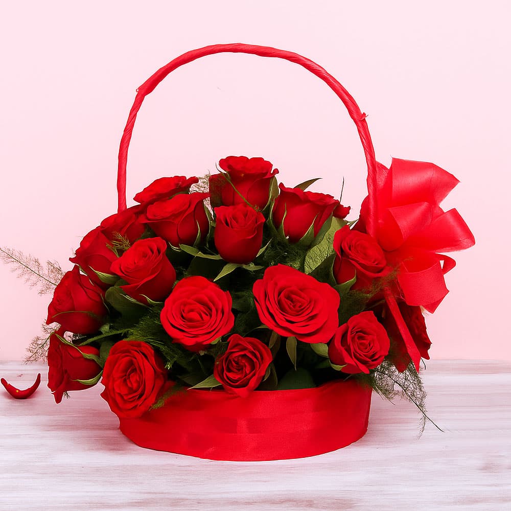 Diwali Red Rose Basket with Festive Wishes