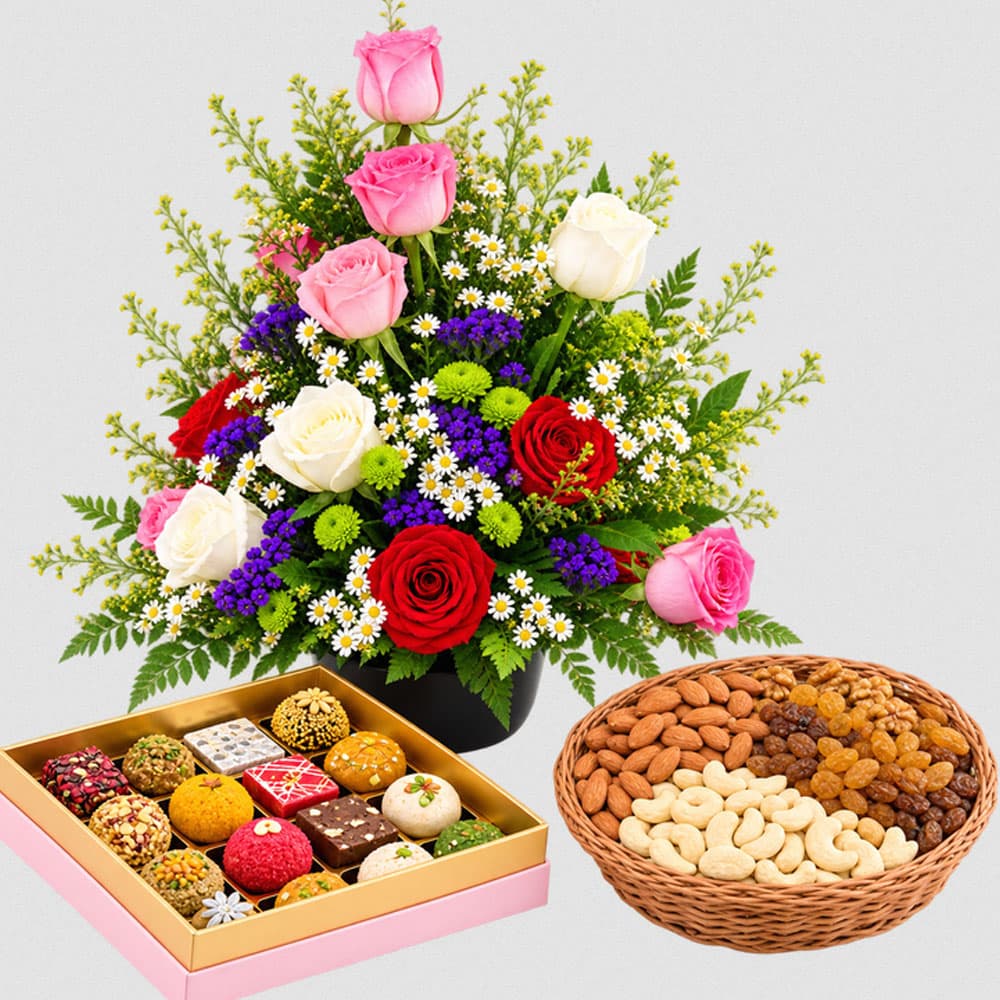 Premium Diwali Flowers, Sweets & Dry Fruits Gift Hamper