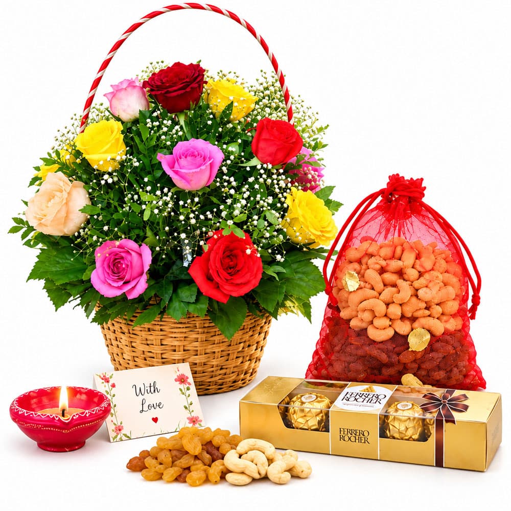 Premium Diwali Flowers, Dry Fruits & Ferrero Rocher Gift Hamper