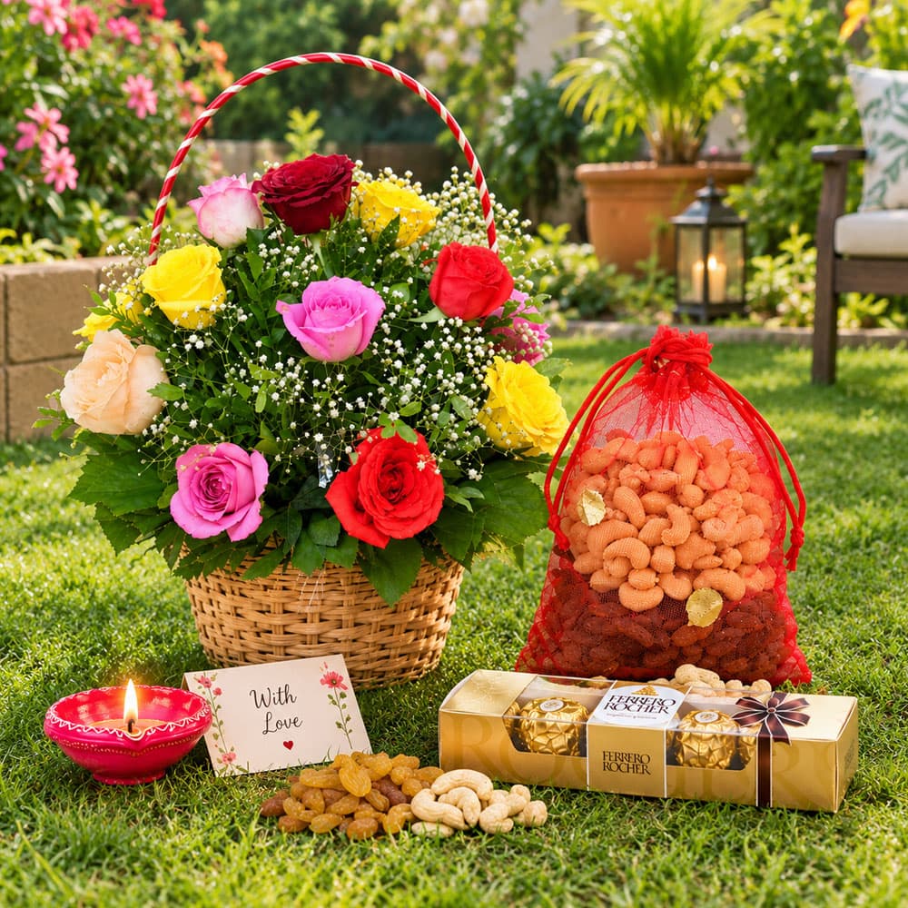 Premium Diwali Flowers, Dry Fruits & Ferrero Rocher Gift Hamper