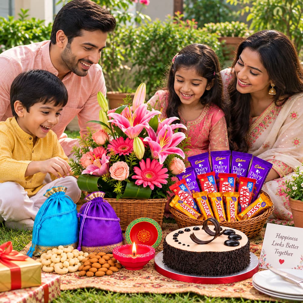 Premium Diwali Flowers, Cake, Chocolates & Dry Fruits Gift Hamper