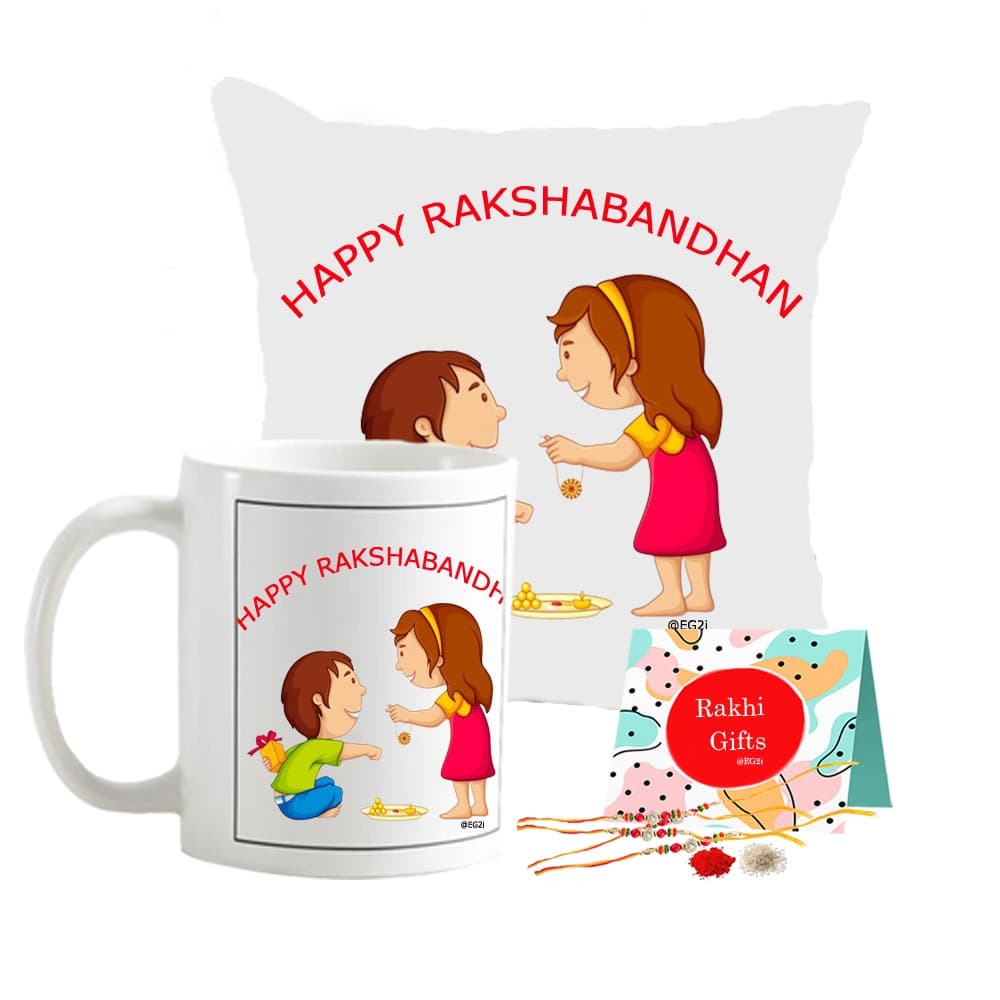 Rakhi with cushion and Mug (Happy Rakshabandhan)