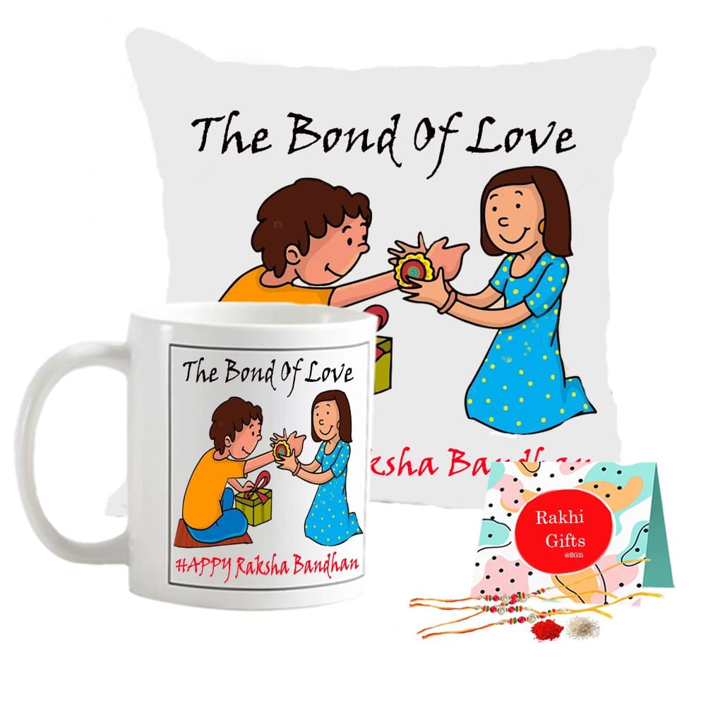 Rakhi with cushion and Mug (The Bond of Love)