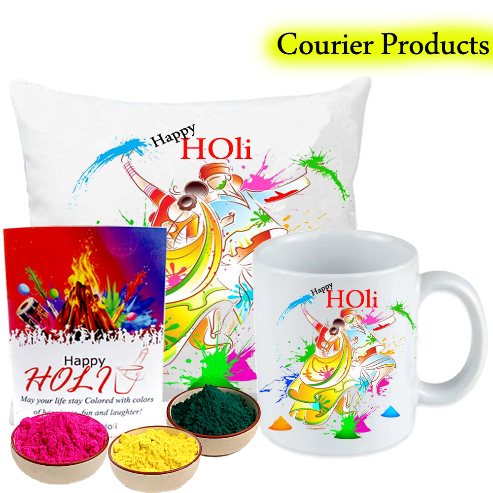 Holi Mug and Cushion with Holi Color,Holi,Holi Gifts Send Flowers